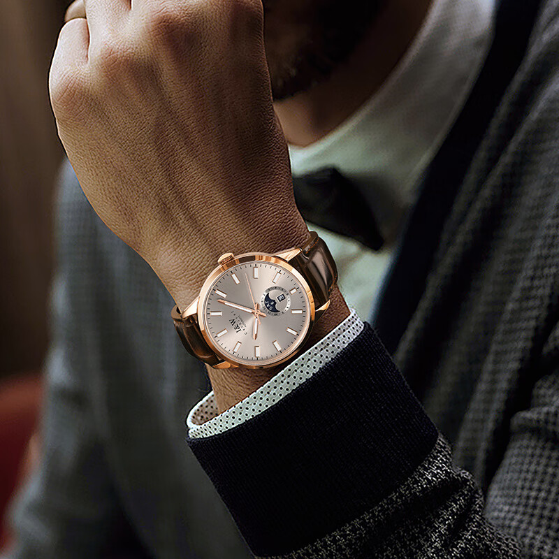 爱沃驰手表男士瑞士品牌夜光机械表进口机芯全自动男士品牌手表十大名表 升级版-玫灰皮带【进口机芯】免费刻字