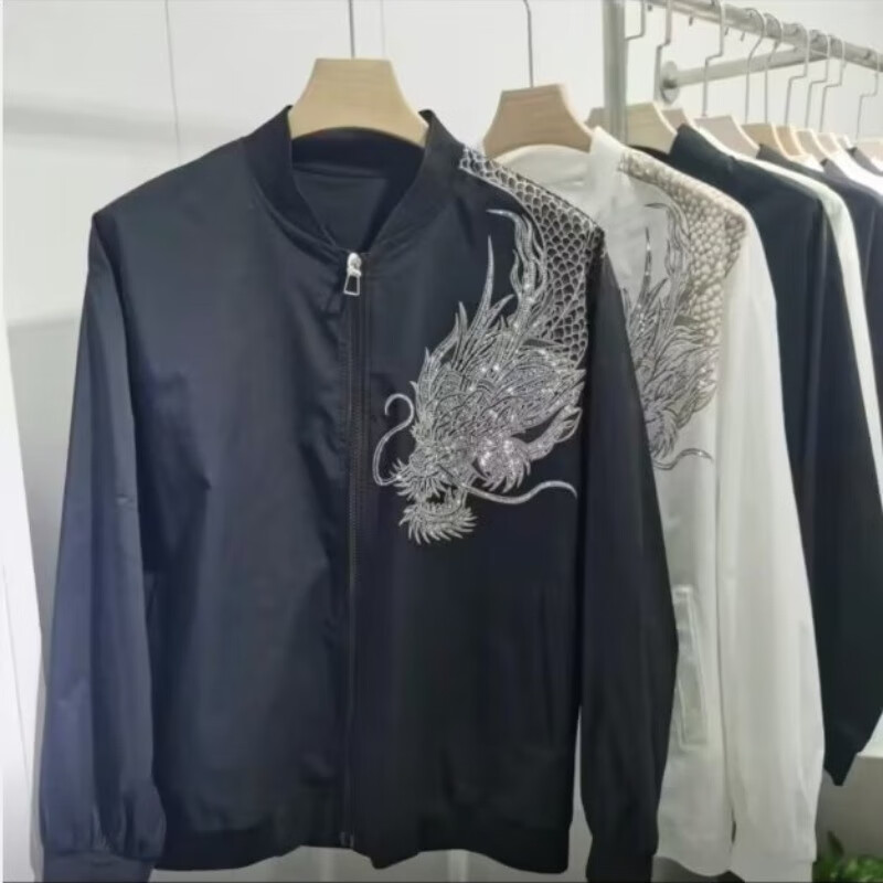 沐发社会精神小伙龙头过肩龙印花棒球服经典潮流2023春秋上衣外套夹克 黑色 3XL推荐165-185