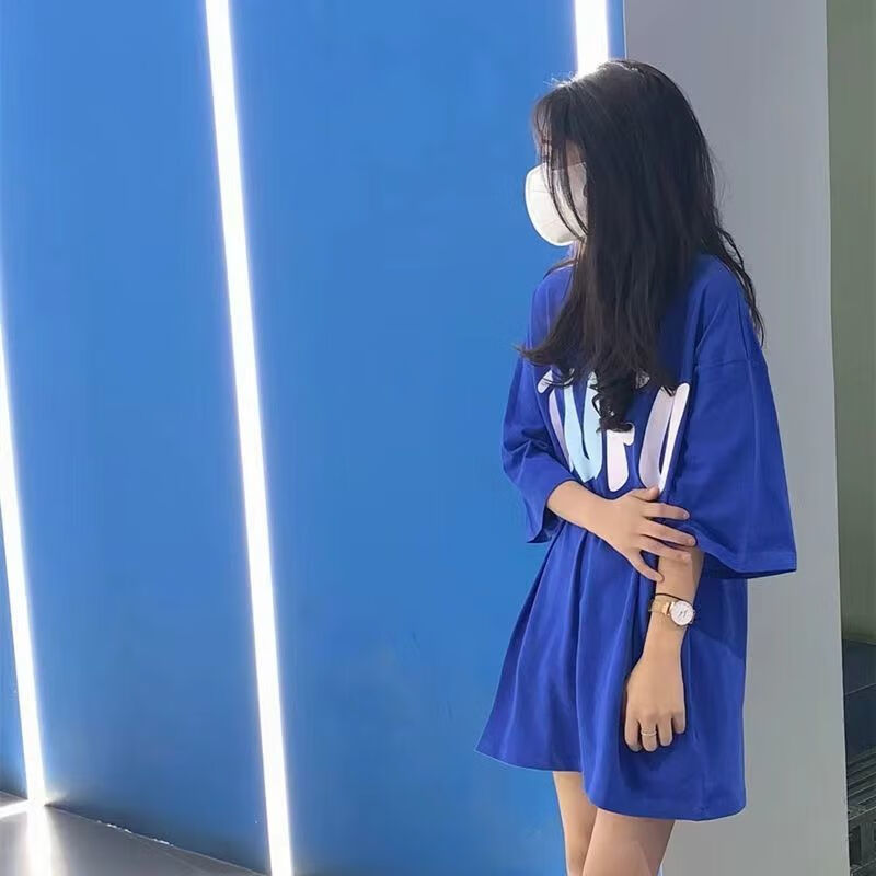 因蓝纯棉短袖t恤女2024夏季新款韩版宽松半袖学生上衣服潮ins 蓝色