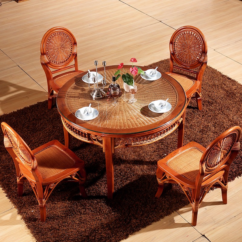 藤编圆桌家用小桌子餐桌椅组合 58cm铝合金编藤玻璃茶几月销100件价格