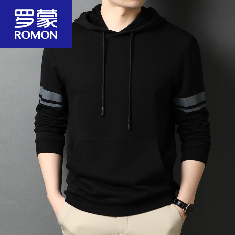 罗蒙（ROMON）中青年卫衣男连帽薄款春秋套头宽松长袖帽衫男士t恤打底衫男 55132黑色 XL 175/
