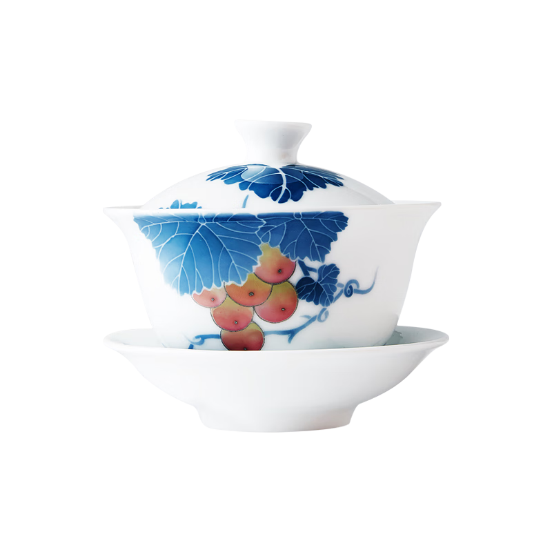 红官窑茶具整套功夫茶套装盖碗醴陵釉下彩陶瓷茶碗茶杯手绘家用送礼 三才盖碗 3头