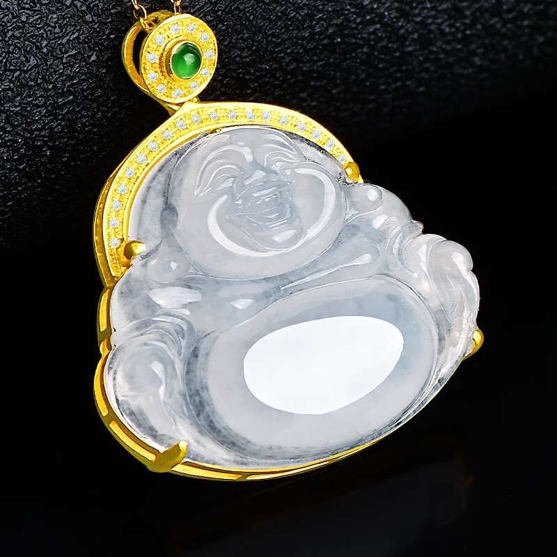 可玉可求翡翠玉佛吊坠女 18K金镶嵌玉石锁骨链 寓意喜乐安康 款八 B1255q