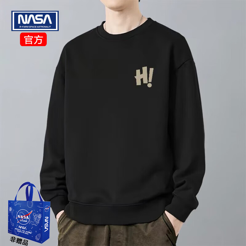 NASAR-FARM卫衣男春秋季休闲宽松版重磅落肩打底衫圆领潮流情侣学生男装上衣 黑色 M (100-115斤)
