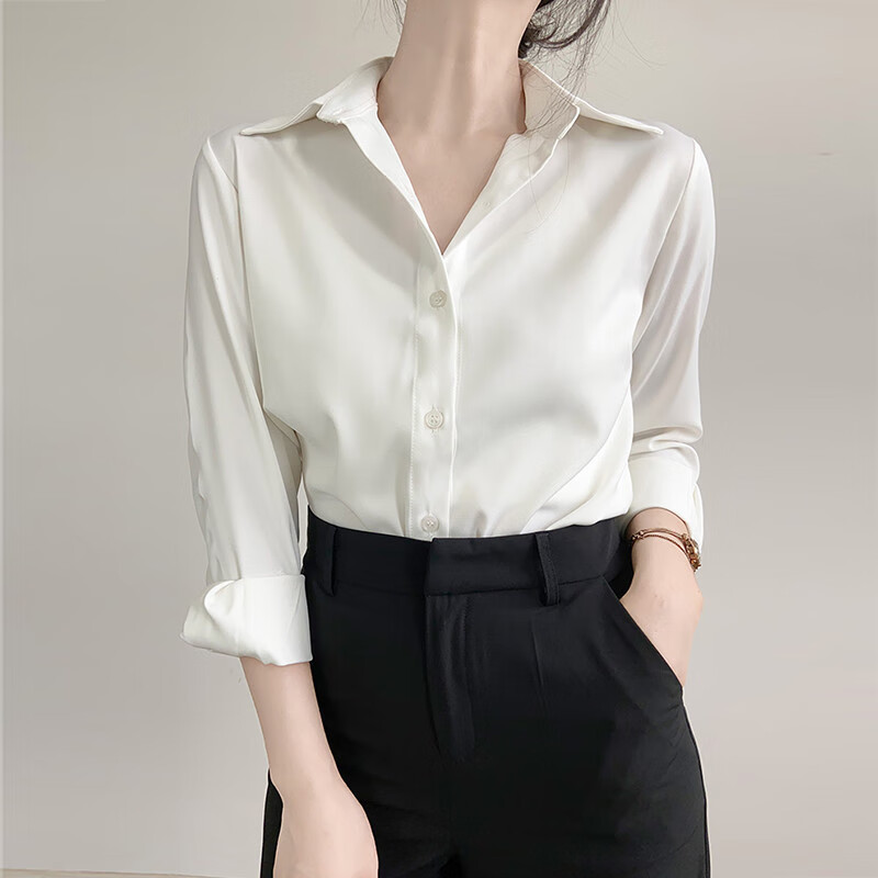 雷黛茜感绿色缎面职业衬衫女通勤衬衣设计感小众上衣百搭春秋款新款 6038# 浅灰绿 S