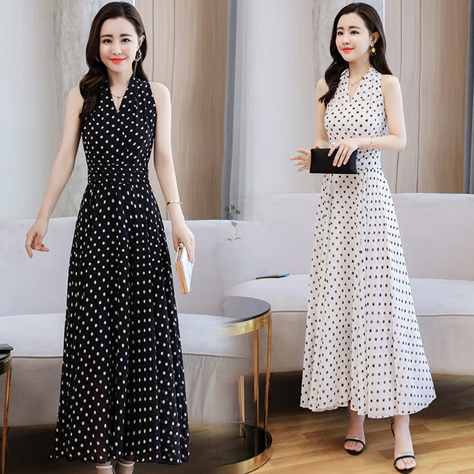 拓猴(tuohou)小个子沙滩连衣裙女夏天长裙2021夏季女装沙滩裙v领波点