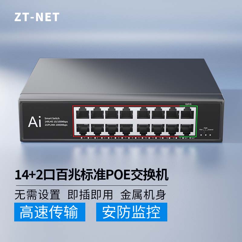 ZT-net标准POE供电交换机 5/8/10口标准千兆百兆分流器 AI智能监控摄像头分离器交换器 16口百兆丨14口POE:200W