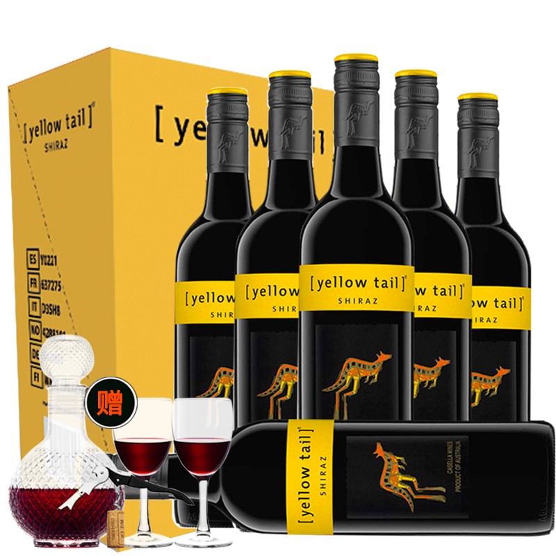 澳大利亚进口红酒 黄尾袋鼠（Yellow Tail）葡萄酒 西拉红葡萄酒 750ml*6瓶 整箱