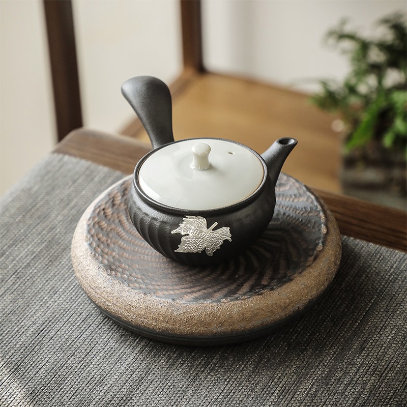 黑陶侧把茶壶家用简约陶瓷镶嵌纯锡功夫茶具日式耐热泡茶单壶 黑陶螺纹茶壶