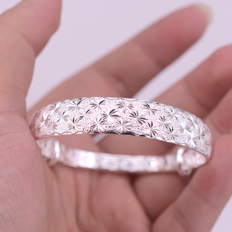 9足银手镯满天星女士推拉手镯磨砂内百福实心女款手环 35克宽11mm