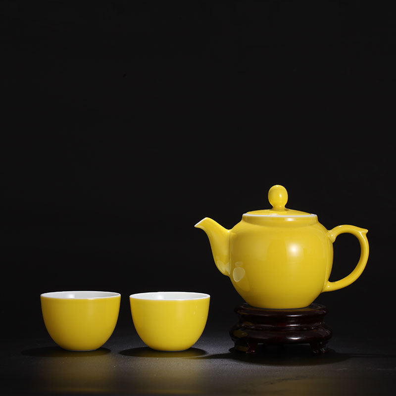 宝瓷林高温颜色釉圆珠壶一壶两杯茶具礼盒私属套装 明黄色 套组
