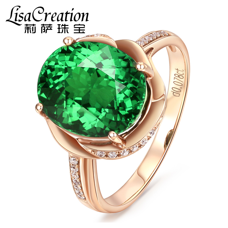 2克拉天然绿碧玺镶嵌钻石戒指绿色宝石女戒 18k金天然绿碧玺钻石戒指