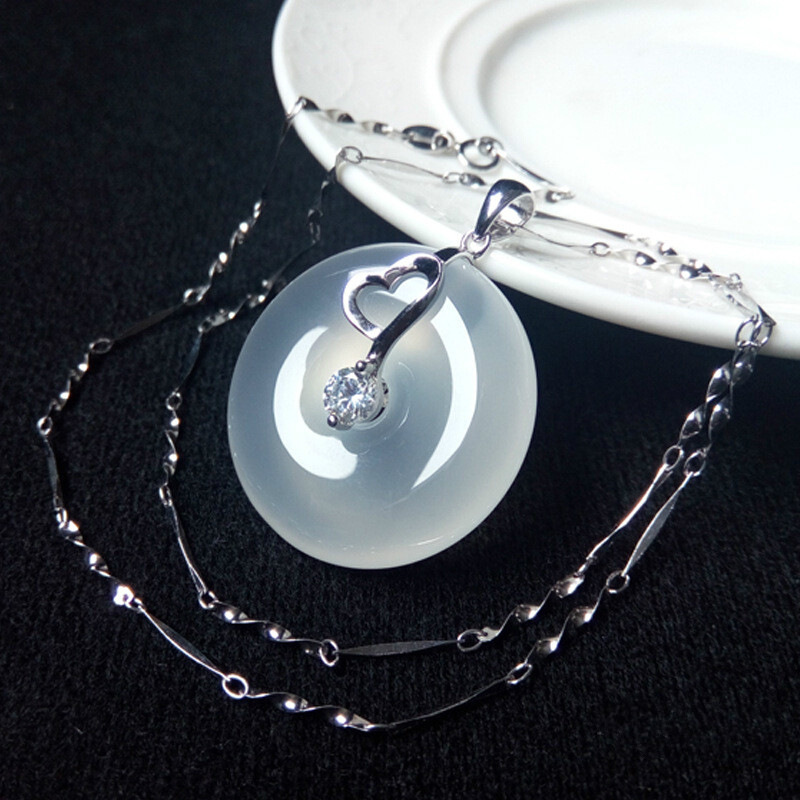 天然白玉髓平安扣吊坠情侣银锁骨链银镶玉水晶挂件 银镶玉平安扣-银