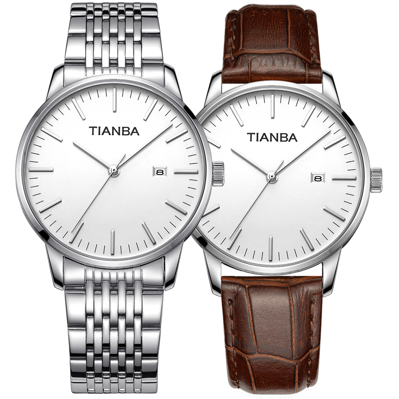 天霸手表男简约商务超薄男表钢带皮带石英表日历情侣手表3037 白盘钢带(男款)
