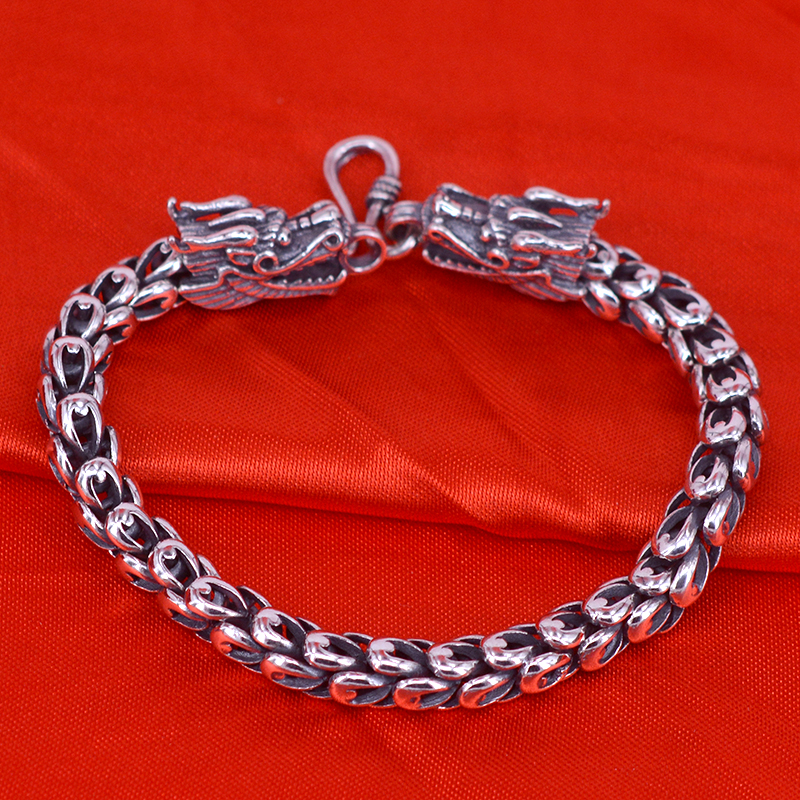 eck 990足银手链 复古时尚龙头男士银手链 龙身龙鳞银手串男 男款银