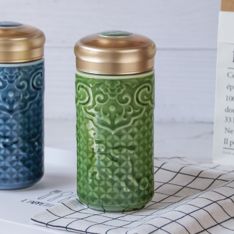 乾唐轩【活瓷杯】小前程似锦随身杯单层创意带盖陶瓷杯水茶杯子男女