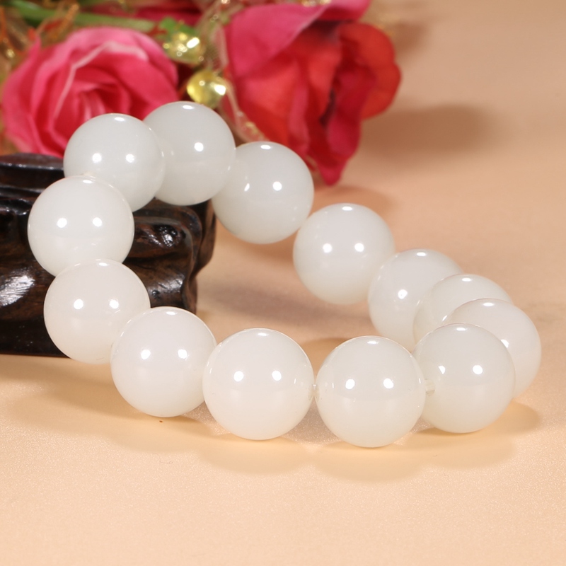 和田玉白玉手链男士本命年新年玉石礼物老坑料圆珠子珠圆玉润手串有
