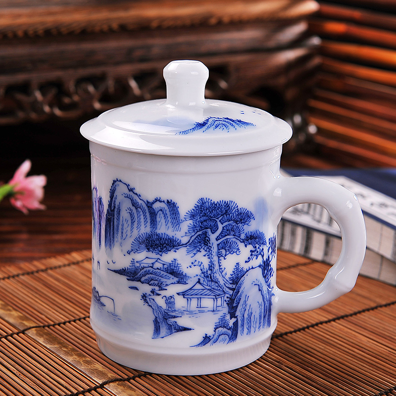 瓷芸 景德镇手绘陶瓷茶杯 大容量男士家用水杯茶具带盖个人办公杯 山清水秀