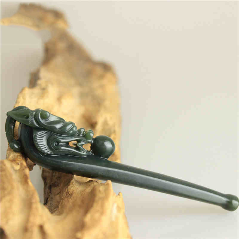 碧凤阁 和田玉烟嘴 青玉玉石烟斗男手玩件 祥龙戏珠