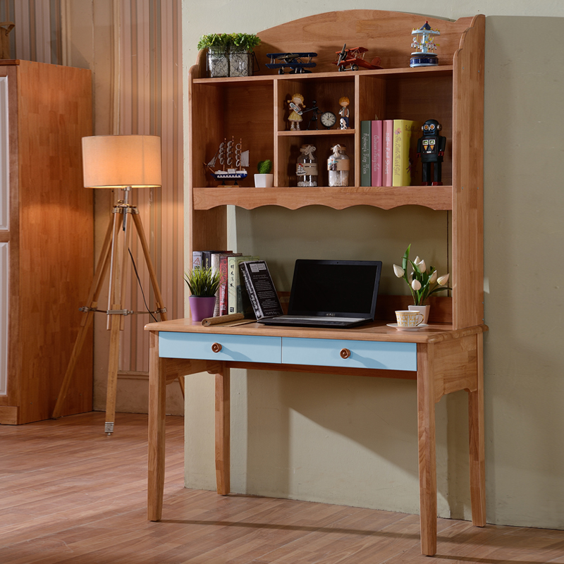 索菲诺（SOLFANOL） 全实木学生书桌原木简约电脑桌环保带书柜书架组合1.2米写字台 浅蓝色