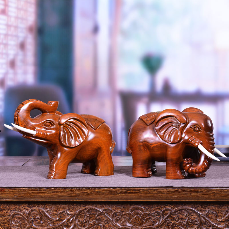 花梨木雕大象摆件红木雕刻吉祥如意一对象实木大象工艺礼品家居客厅