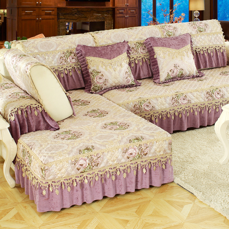 西瓜藤沙发垫四季欧式坐垫布艺沙发套客厅组合全包防滑沙发罩巾飘窗垫 路易莎-紫色 定做专拍