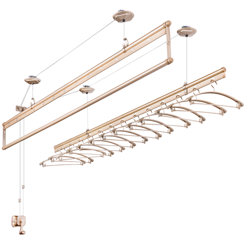 金贵夫人三杆升降晾衣架室内手摇晾衣杆阳台晒衣架晒被子晾衣架包安装 香槟金 2.4米+10个衣架