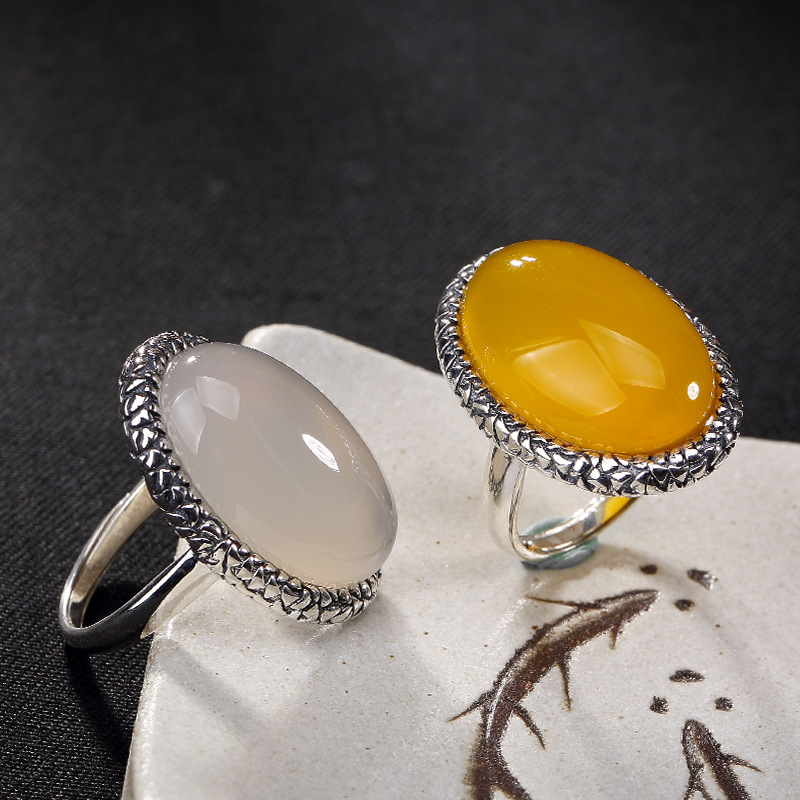 九壹银庄 食指戒指镶嵌宝石925银女款开口复古白玉黄玉髓简约个性大气