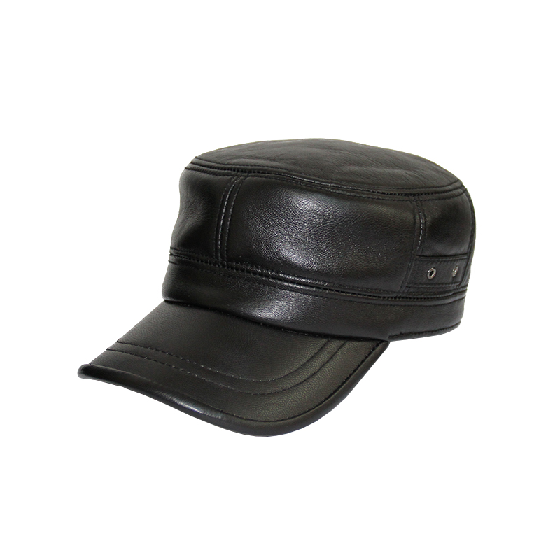 盛锡福 羊皮气孔机车帽 平顶帽子2020冬季新款中老年男士休闲帽 黑色 小（56-57cm）