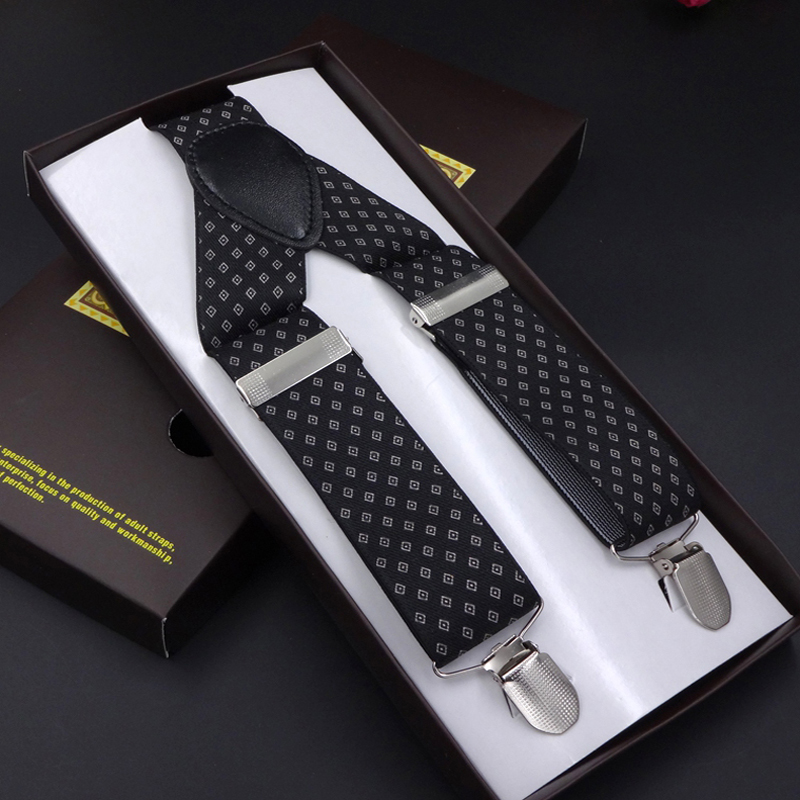 5cm男士宽背带西裤吊带背带夹老人吊裤腰带胖人松紧肩带 黑带白格【约