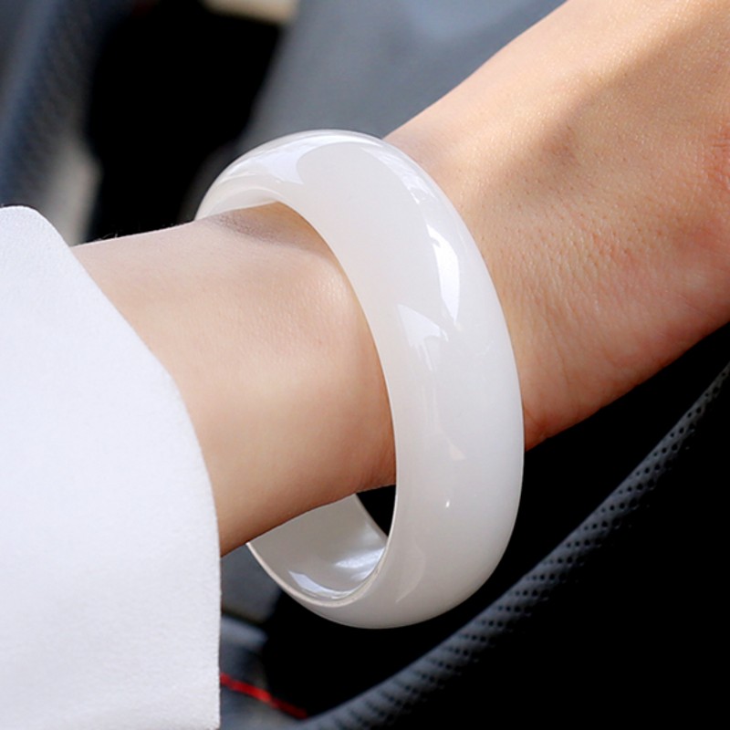 玉荔缘 天然青白玉手镯 女款碳酸盐质玉镯子羊脂玉石手镯玉器 附证书