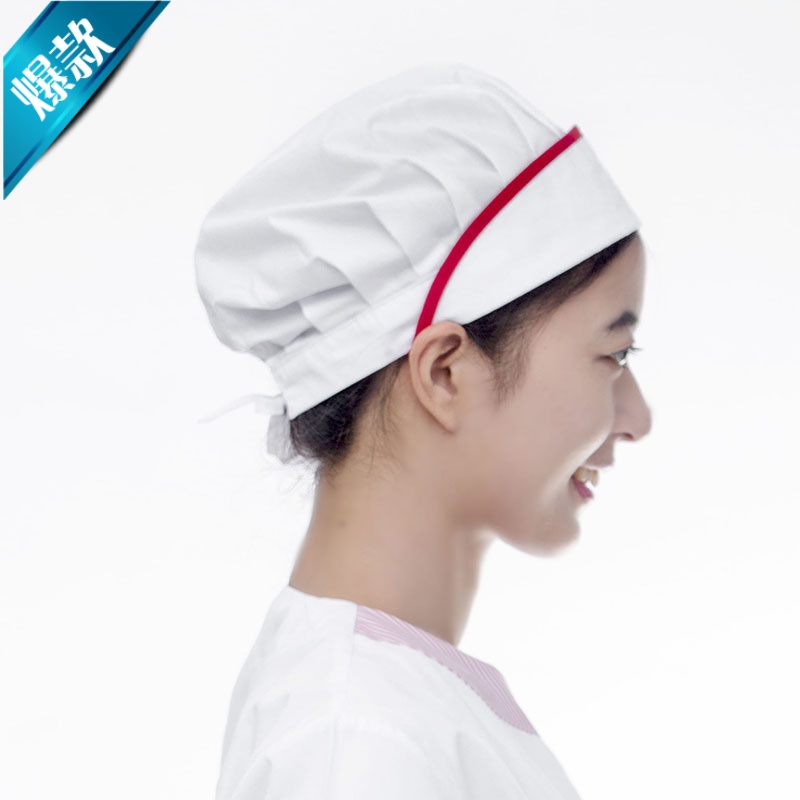 FGHGF新款厨师帽女厨房工作帽子防尘油烟食堂餐厅食品帽面点师烘焙 白/红条HA11