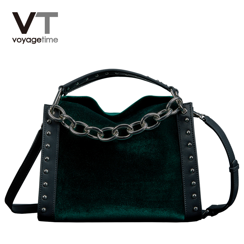 voyagetime 微缇新款专柜同款手提包绒布女包斜挎包绒布女包丝绒手提包女VF5059 深绿色