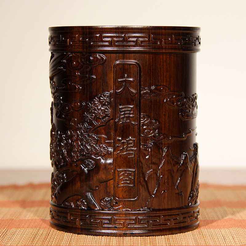 沃皓(wohao)红木笔筒工艺品摆件木雕刻实木紫檀红酸枝黑檀木质荷花 大