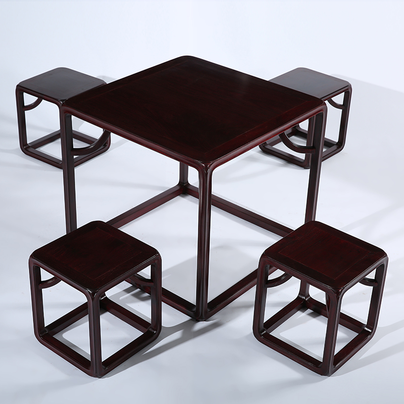 錦名園 血檀(学名:染料紫檀)休闲桌五件套  实木麻将桌 棋牌桌 餐桌椅