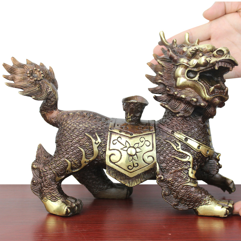 真全铜器纯铜麒麟 黄铜麒麟 托元宝麒麟 铜麒麟 铜工艺品摆件 做旧色
