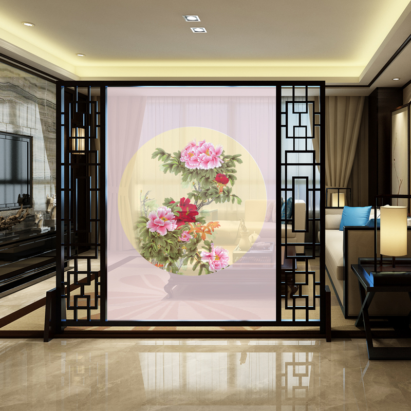 中式实木客厅玄关隔断帘双面屏风 200x200cm左右镂空 国典牡丹 半透明