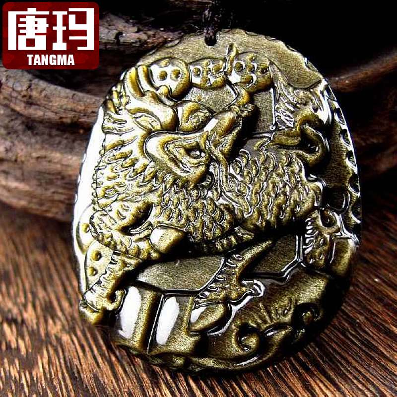 哈妮宝贝honeybaby 麒麟献宝金曜石麒麟吊坠男女黑曜石水晶项链唐玛