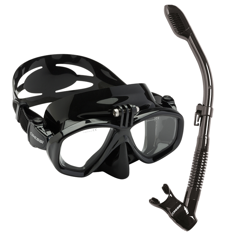 CRESSI 意大利 ACTION潜水面镜成人水肺深潜浮潜面镜 可安装相机可配近视镜片 黑色套装(面镜呼吸管)