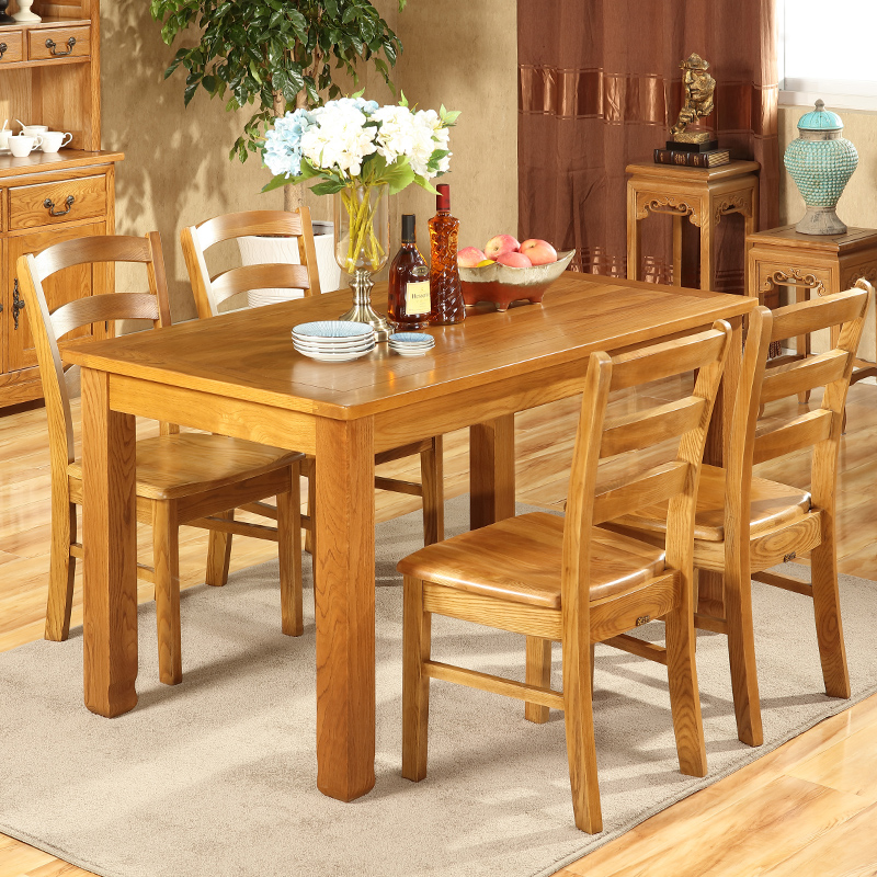 慕享佳 餐桌套餐实木简约欧式餐桌椅组合白橡木餐桌椅M601 1.4米+4把（M602-1经典款） 原木色