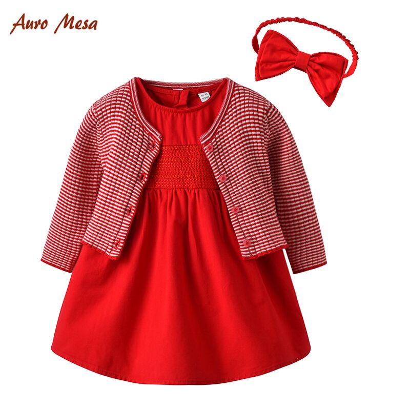 auro mesa女宝宝春秋连衣裙套装百天周岁抓周公主裙针织披肩开衫礼服