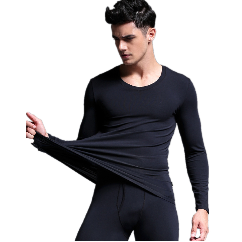 浪莎秋衣秋裤男内衣莫代尔棉竹纤维基础内衣木代尔男士薄款内衣套装 V领-黑色 2XL /180码