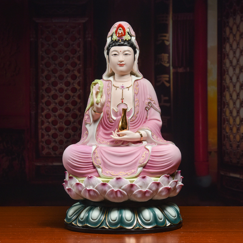 戴玉堂 坐莲微笑观音菩萨佛像摆件家居供奉陶瓷观世音全莲坐姿慈祥