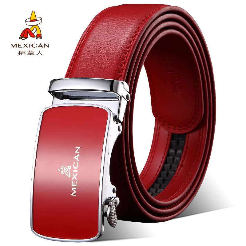 稻草人皮带男本命年红腰带真皮自动扣商务裤腰带男士休闲结婚新年礼物 70060【红色】长度110-125cm可选