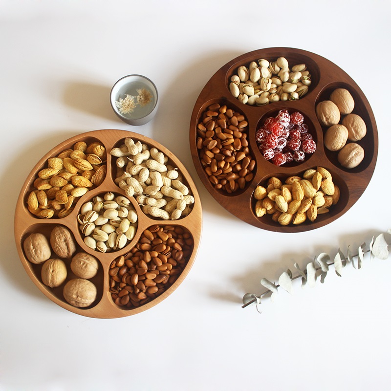干果盘木质瓜子盘分格客厅点心盘零食糖果盘家用日式小吃坚果盘子榉木