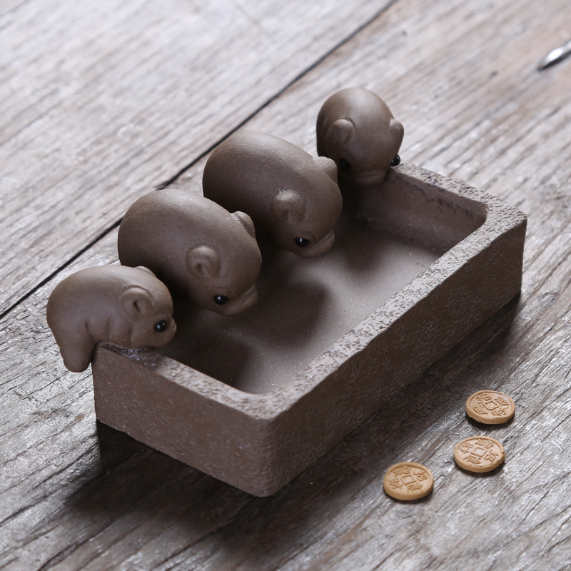 小猪喝水槽雕创意手工迷你段泥紫砂茶宠摆件茶桌茶玩精品丰衣足食 丰