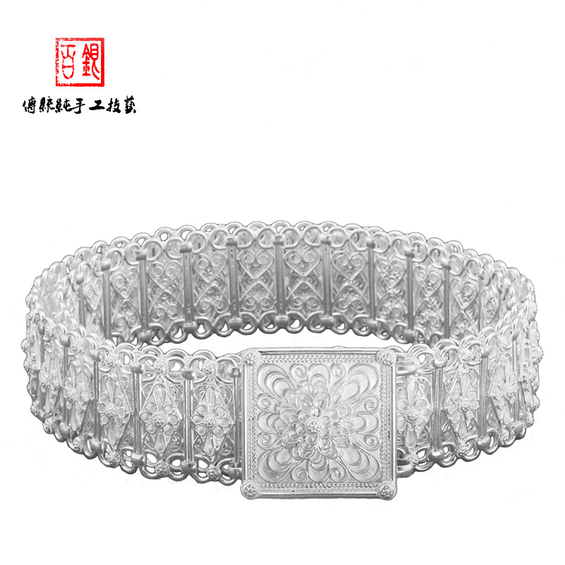 百银足银手工掐丝工艺银腰带傣族雪花银腰链 约525克长度约1米宽度约4