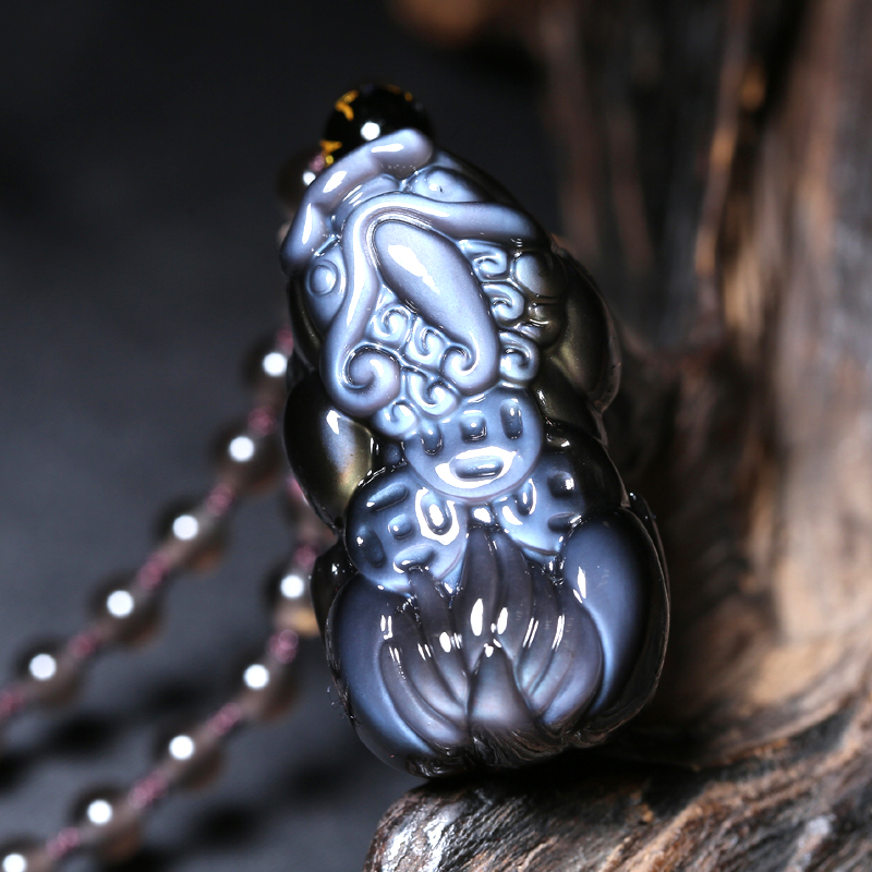 慈灵阁 冰种鬼蓝眼黑曜石貔貅吊坠男女挂件礼物项链