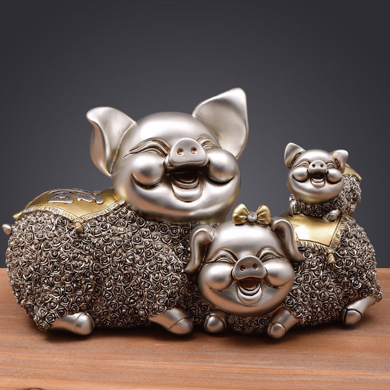 欧式创意客厅工艺品酒柜装饰品电视柜结婚礼物动物猪 欧式幸福猪一家