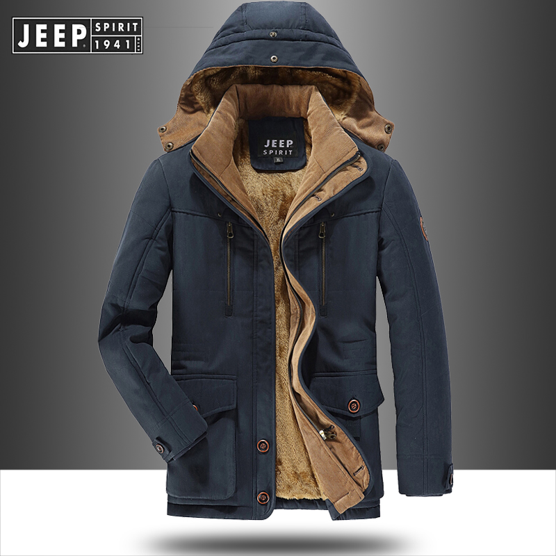 jeep吉普棉衣男士冬季户外加厚加绒保暖棉袄大码中长款带帽男装棉服